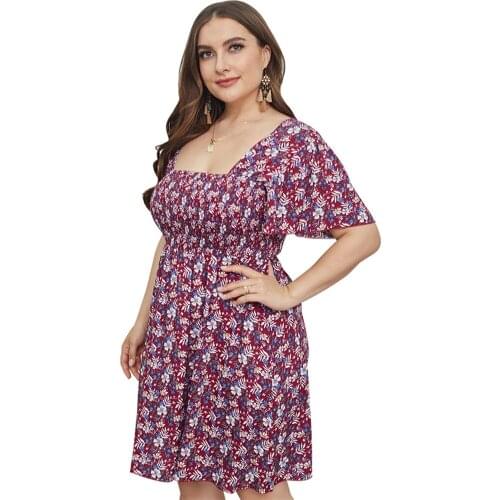 Vestido Floral Plus Size Dress Romantic Birthday Dress for Women Square Collar Midi Jurk XL-4XL Sukienka Boho Summer Clothes