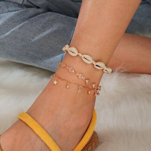 Tocona 3pcs/sets Summer Shell Star Foot Chain for Women Clear Crystal Stone Alloy Adjustable Anklets Bohemian Jewelry 7090