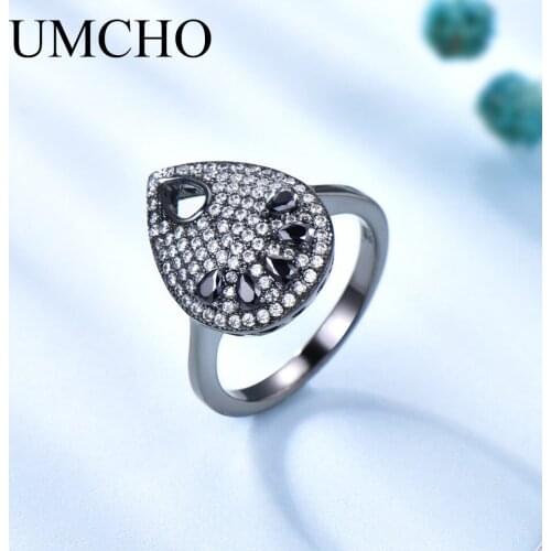 UMCHO Fashion Drop shape Black Ring Real 925 Sterling Silver Jewelry Gemstone Rings For Women Party Gift Fine Jewelry