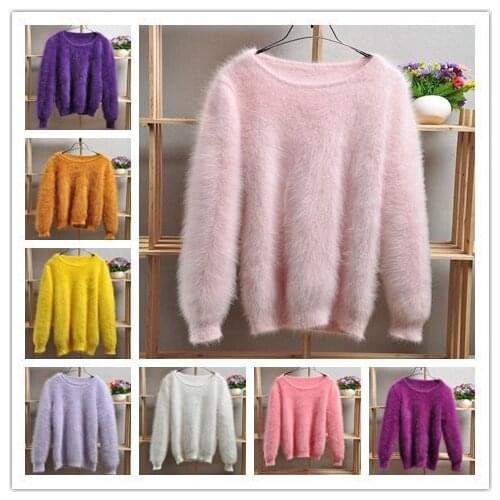 Ladies women fashion winter mink cashmere knitted o-neck long sleeves slim blouses pullover angora fur underwear jumper sweater