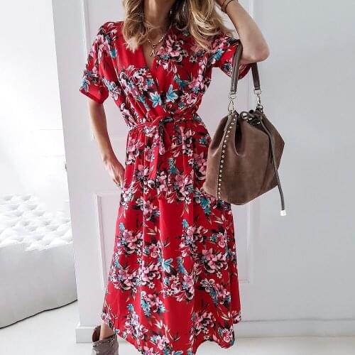 Sexy Deep V Neck Womens Summer Dresses Fashion Print Casual Loose Mid Waist Lace Up Short Sleeve Ladies Dresses 2021 Robe Femme