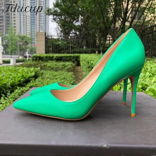 Tikicup Green Matte Women Pointy Toe Extremely High Heels Slip On Ladies Fashion Pumps Elegant OL Dress Shoes Plus Size 33-45