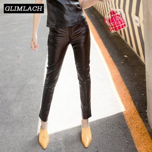 Office Lady Real Leather Pencil Pants Slim Zippers 100% Lambskin Genuine Leather Trousers Plus Size 4XL Female Slim Ankle Length