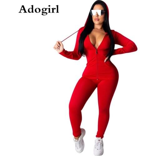 Adogirl Woman Solid Color 2 Piece Suit Zipper Up Long Sleeve Hooded Trench+ Pencil Pants Casual Sporting Tracksuit Outfits