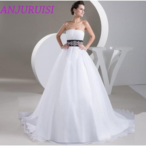 ANJURUISI Simple Strapless Organza A Line Wedding Dresses 2020 Black Belt Beaded Bridal Gown vestidos de noivarobe de mariage