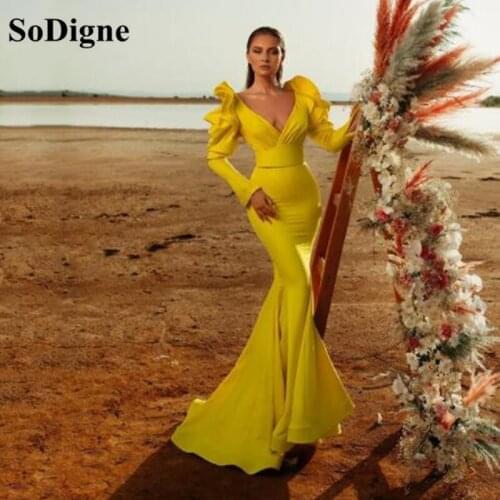 SoDigne Yellow Sexy V Neck Mermaid Evening Dress Long Sleeves Prom Dresses Dubai Celebrity Dresses Party Gown