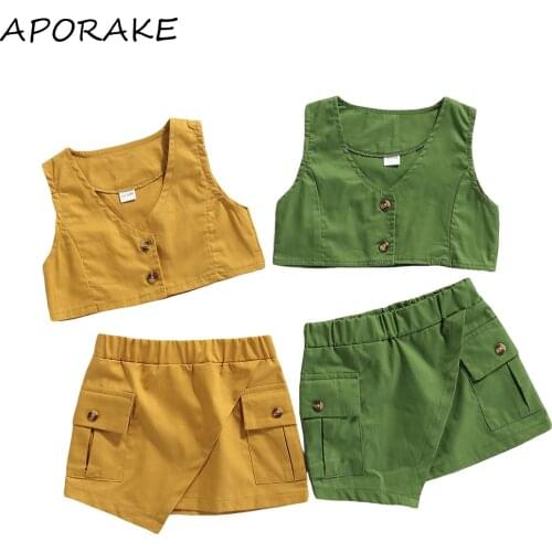 2021 0-6Y Casual Kids Baby Girl Clothes Solid Color 2pcs Button Sleeveless Crop Top+Pocket A-line Skirt Summer Outfits 2pcs