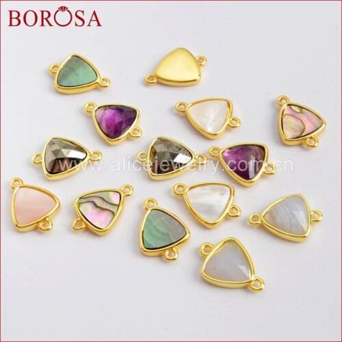 BOROSA 10PCS Triangle Multi-kind Faceted Stones Gold Connector Natural Amethysts Shell Double Charms Jewelry WX991