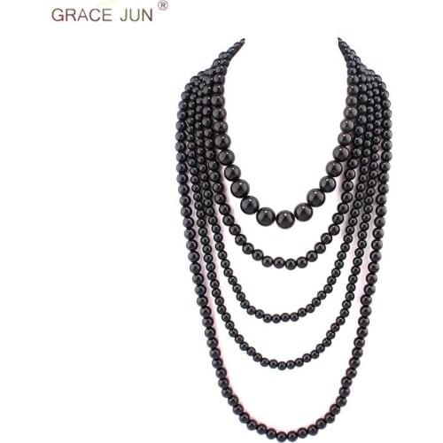 GRACE JUN Multilayer Strand Simulated Pearl Statement Necklace for Women Party Wedding Luxury Long Sweater Chain Choker Necklace