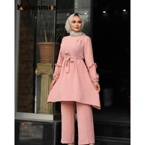 Eid Two Piece Muslim Sets Abaya Women Turkey Lace-up Hijab Dress Caftan Moroccan Kaftan Islam Clothing Abayas Musulman Ensembles