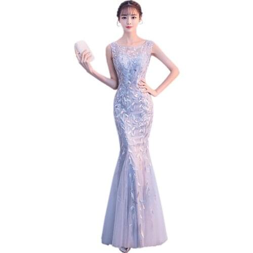 Elegant O Neck Simple Mermaid Evening Dress 2020 Fashion Tulle Zipper Back Sleeveless Formal Dress with Appliques