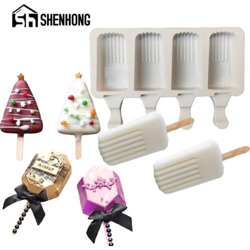 SHENHONG Summer Child Dessert Cube Tray 4 Cavity Silicone Popsicle Molds Ice Cream Moulds Kitchen Freezer Juice Making Tools