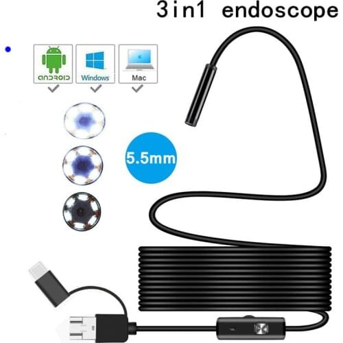 TYPE C USB Mini Endoscope Camera 5.5mm 2m 1m Flexible Hard Cable Snake Borescope Inspection Camera for Android Smartphone PC