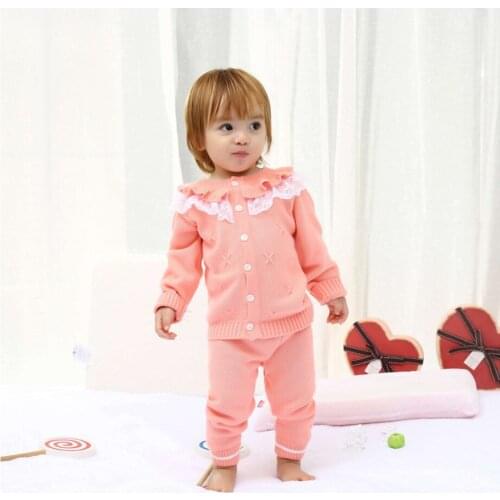 Newborn Girls Cardigan Pant Clothing Sets Baby Kids Clothes Cotton Sweater Full Sleeve Lace Knitted Sweaters Coat+Trousers