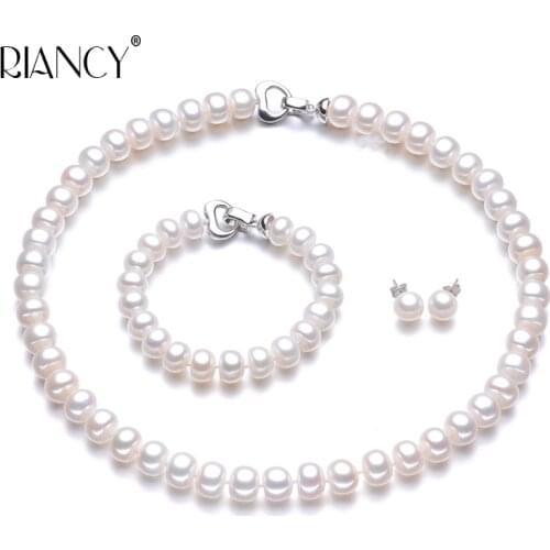 Fashion Natural freshwater Pearl Necklace Jewelry set Love buckle pearl Necklace Bracelet give Earring For Women Gift