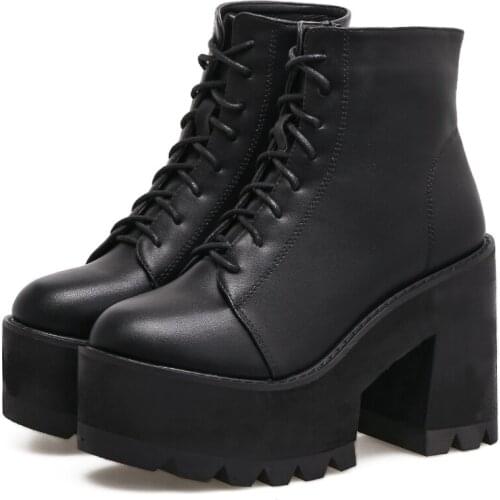 Chunky Heel Short Boots Womens Thick Bottom Lace-up British Martin High Heel Japanese Platform Short Tube Motorcycle Boots