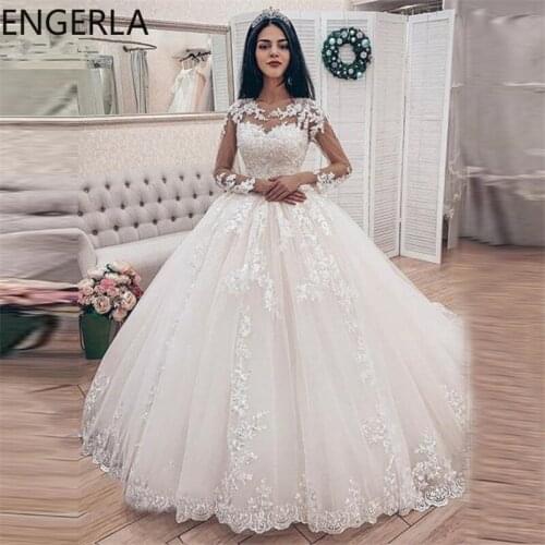 2021 New Elegant Lace Appliques Long Sleeves Ball Gown Wedding Dresses Bridal Gown