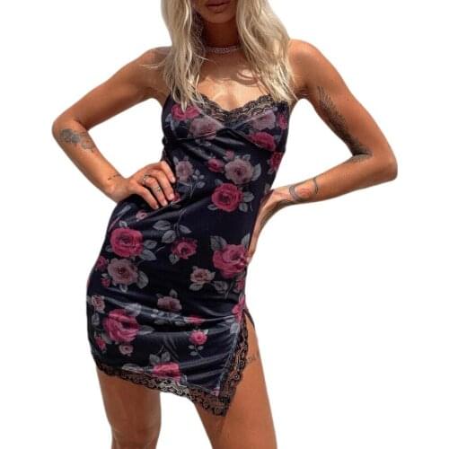Summer Womens Sexy Bodycon Mini Dress, Cute V Neck Spaghetti Strap Sleeveless Lace Trim Split Hem Cami Dress