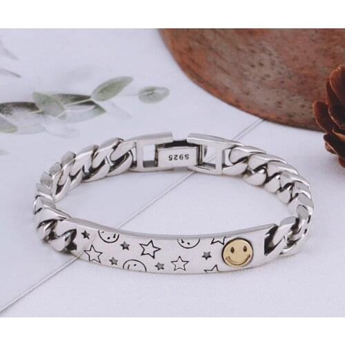 Real 925 Sterling Silver Simple Fashion Punk Style Riding Whip Chain Smiling Face Bracelet Exquisite Commemorative Gift