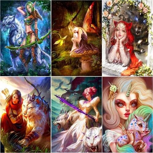 Full square diamond painting 5D kit set Fantasy woman butterfly tiger unicorn leopard bird flower wolf mushroom Cross stitch art