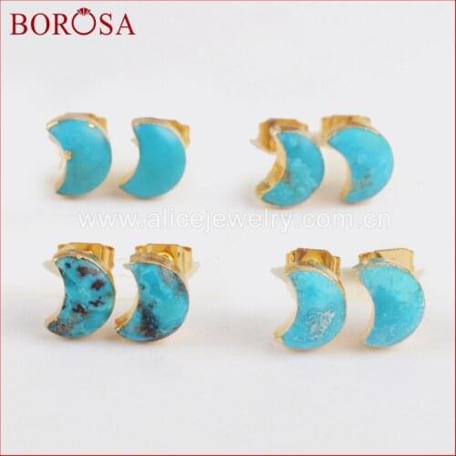 BOROSA Gold Color 100% Natural Blue Stone Moon Shape Drusy Studs Earrings, Hot Sale Druzy Crescent Stud Earrings Jewelry G1225