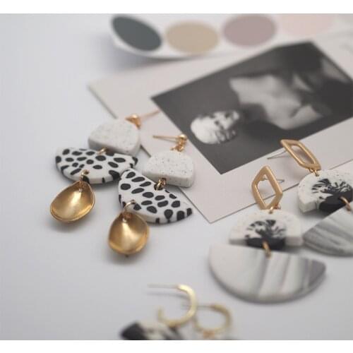 Trendy black and white Dots Polymer Clay Abstract Pattern Geometric Dangle Stud Pendant Statement Earring For Women Jewelry