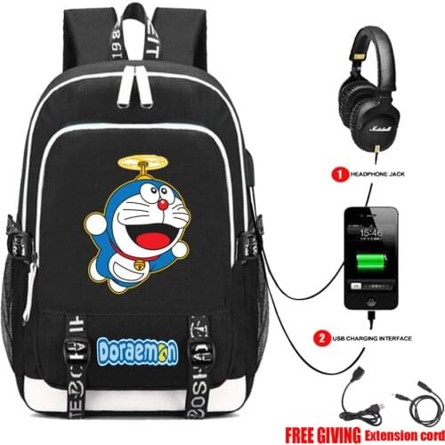 USB Charging Headphone jack School Bags boys Girls Mochila Feminina Women Laptop Backpack Travel Bags anime Doraemon backpack