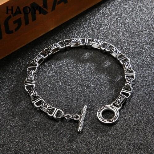 HAOYI 8mm Vintage Bracelet Ancient Totem Amulet Mens Bracelet Stainless Steel Jewelry OT Clasp Box Chain Bangles Jewelry