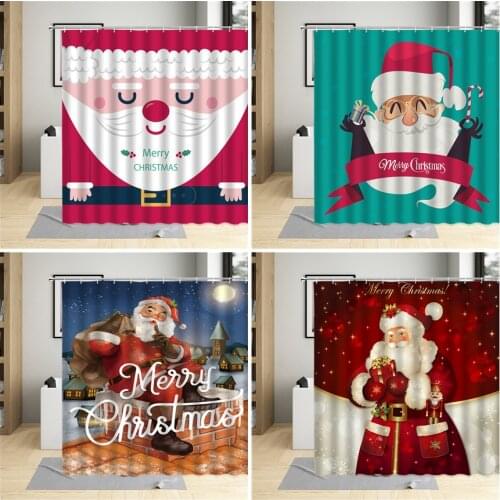 Santa Claus Shower Curtain Merry Christmas Winter Scenery Pattern Child Room Bathroom Decor Polyester Cloth Hanging Curtain Sets
