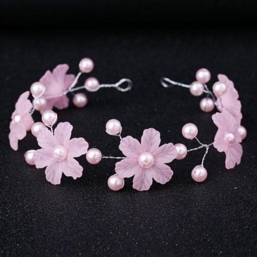 Simple Bridal Pink White Flower Simulated Pearl Headband Hair Jewelry Handmade Tiaras Crowns Headpiece Wedding Prom Accessories