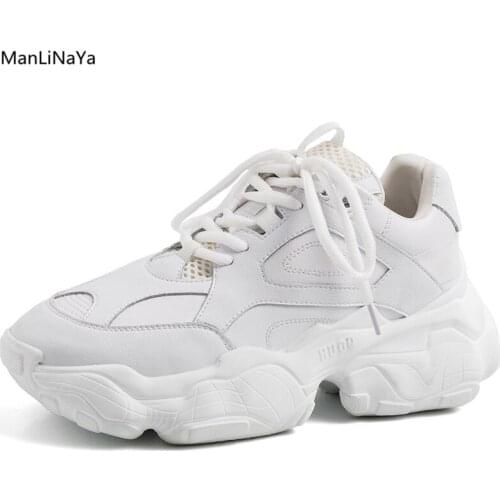Genuine Leather Thick Heel Platform Women Shoes Lace-Up Air Mesh Women Sneakers Spring Shallow Women Casual Sport Shoes Trainers