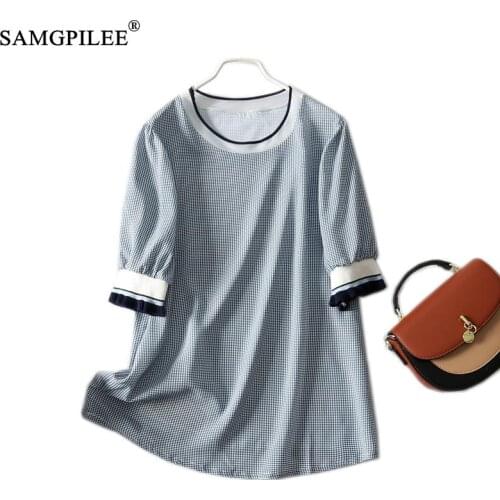Summer T-shirts For Women 2021 New Classic Plaid Round Neck Loose Short Sleeve Sunscreen Chiffon Plus Size Office Lady Tshirts