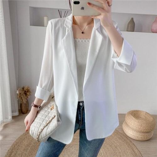 #5228 Spring Summer White Black Chiffon Blazer Women Single Buttons Sunscreen Kimono Cardigan Women Blazers And Jackets Thin