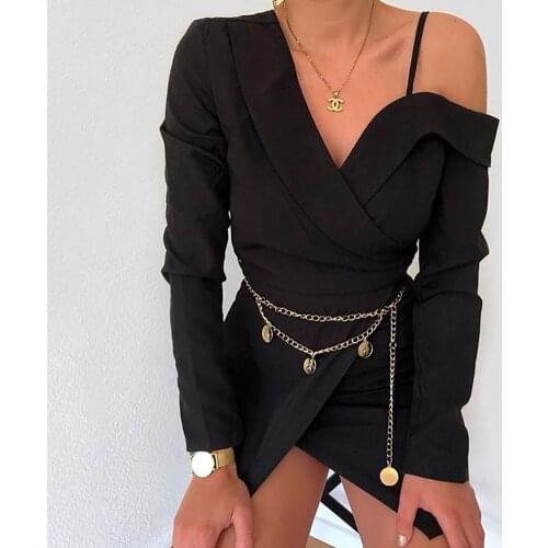 2021 Summer and Autumn New Style Solid Color Deep V Bow Tie Slanting Shoulder Strap Sexy Commuter Party Fashion Ladies Dress