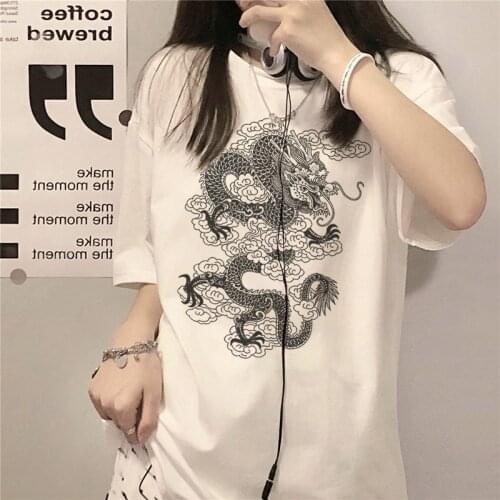 % 100 Katoen Dropshipping Leuke Draak Punk Gothic Kleding Top Korte Mouw Hip Hop Retro Print Bar Harajuku Dames T-shirt