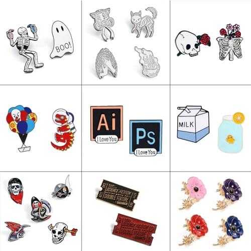 2~5pcs/set Brooch Pins Punk Skull Skeleton Cartoon Dinosaur Balloon Cat Milk Flower Enamel Lapel Pin Badge for Women Men Jewelry