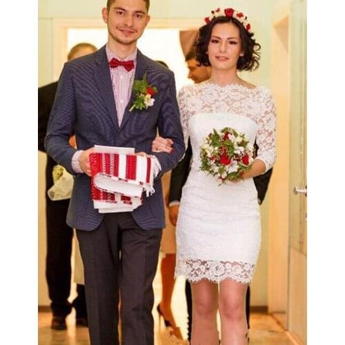 2020 Simple Full Lace Sheath Wedding Dresses Jewel Neck Mini Bridal Gowns 3/4 Long Sleeve Bridal Dress Custom Made