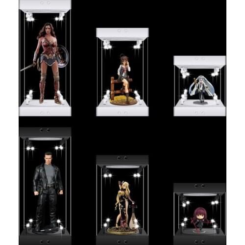 Acrylic Display Case Self-Install Clear Cube Box with Turntable LED Lights Dustproof for Action Figure Die Cast Model Iron Man