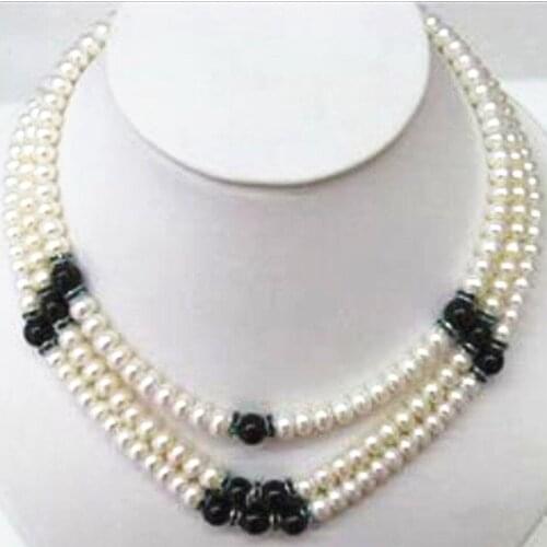 Charms 3rows 6-7mm natural white freshwater cultured pearl round beads necklace black agat spacer beads jewerly 17-19inch BV363