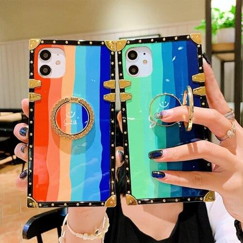 Luxury Square Rainbow Smiley Glossy Phone Case For Samsung S3 S20Ultra S8 S20 S10Plus Note 9 With Ring Bracket Holder Soft Cover