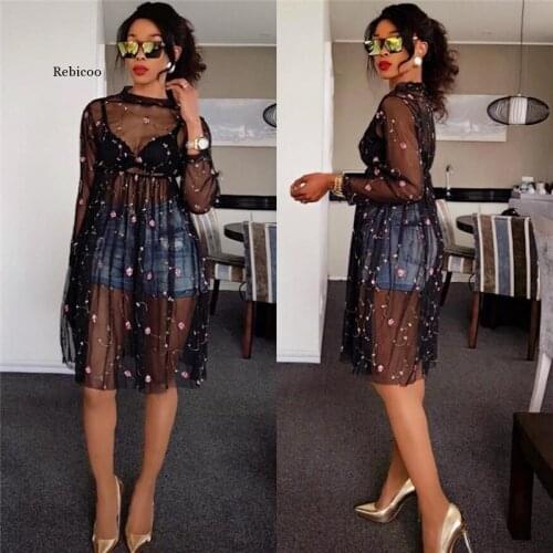 Black Sheer Mesh Dress Women Floral Embroidery Long Sleeve Knee Length a Line Dress Sexy See Through Dress