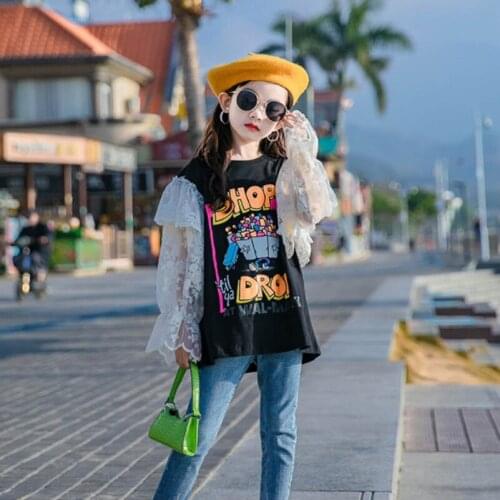 Cultiseed Girls Sweet Cute Cartoon Letter Print T-Shirts Tops Clothing With Lace Flare Sleeve Children Kids New Fashion Tees