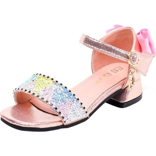 Childrens thick sandals 2020 new word with color sequins princess shoes student rhinestone sandals girl shoes