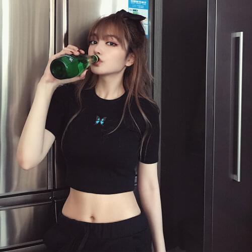 Butterfly Print Crop Top Skinny Short Sleeve Tees Korean Fashion Cute Black White T-Shirt Casual Summer 2021 Womens Clothing