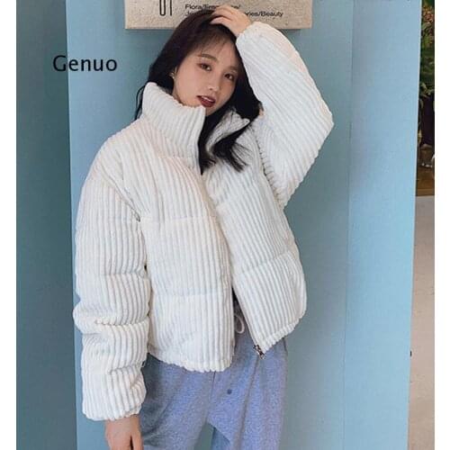 Korean Style Solid Winter Jacket Women Stand Collar Black White Parkas Female Warm Cotton Padded Short Coats Woman