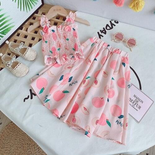 Toddler Girls Summer Clothes Kids Fruit Print Elastic Sling Top + High Waist Long Skirt Two-piece Set Children Clothing 18M-7Y