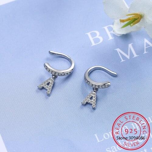 Trendy U-Shaped Pave CZ Letter A Ear Cuff Clip On Earrings For Women Without Piercing Real 100% 925 Sterling Silver Jewelry