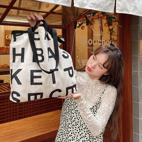 INS Fashion Womens Canvas Casual Tote Shoulder Bag Stylish Waterproof Shopping Bags Foldaway Travel Bag Letter Print Handbag