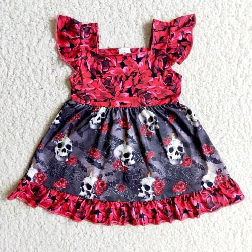 Fashion Kids Flutter Sleeve Dress With Ruffle Side High Quality Baby Girls Flowers Print Twirl Frock For Halloween