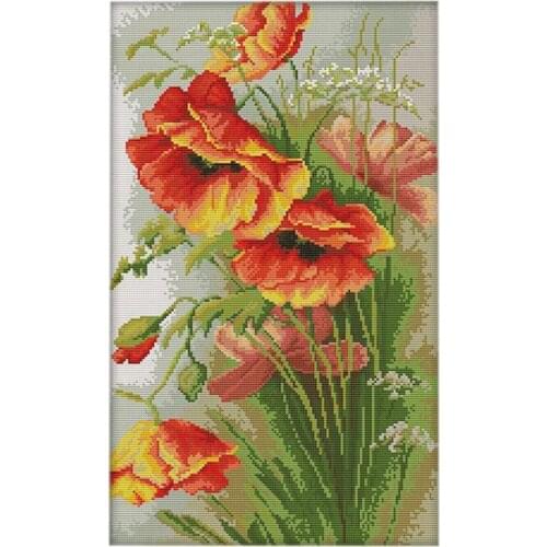 Practical DIY Handmade Needlework Counted Cross Stitch Set Embroidery Kit 14CT Poppy Flowers Pattern Cross-Stitching 33 * 50cm H
